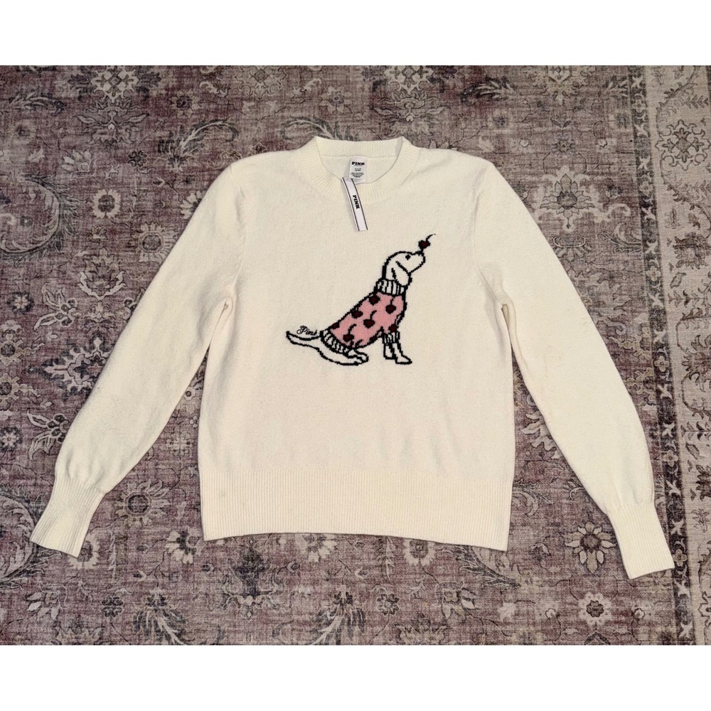 Victoria's Secret PINK Dog Graphic Crewneck Sweater Cream Ivory Heart Small NEW - Picture 1 of 7